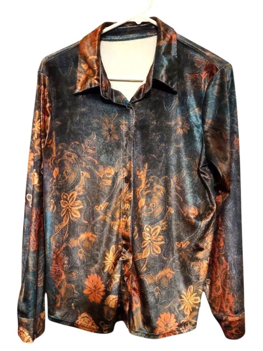 MSRP $40 Women gorgeous Hippie Boho Velvet Artsy button up long sleeves shirt S